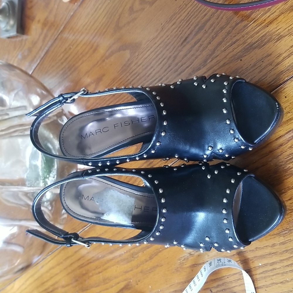 Marc Fisher black leather studded heels, size 6